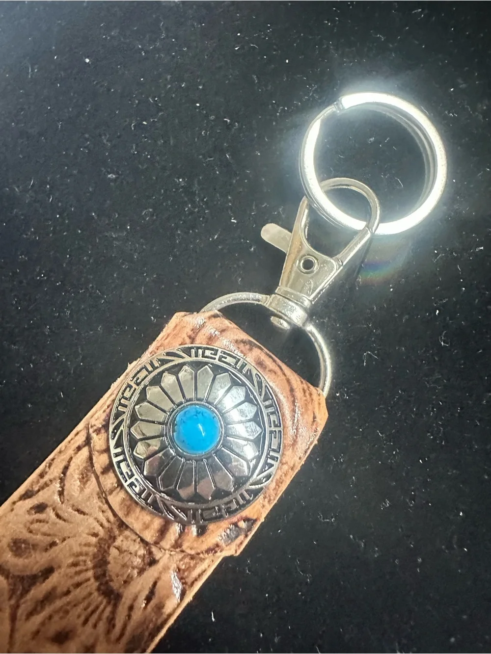 Tooled Leather Key Fob Wristlet with Turquoise Accent - Tan